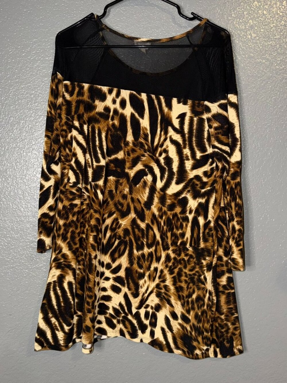 Women’s Leopard Zebra Animal Print Tunic Top Black Mesh 3/4 Sleeve